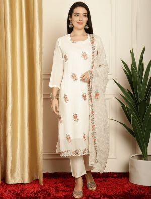 Off White Georgette Embroidered Sequined Salwar Suit small FABSL21594