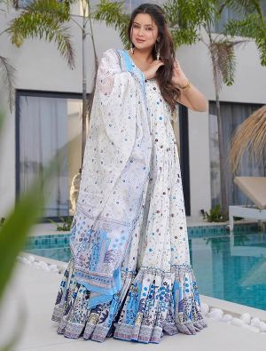 off white rayon digital printed flared gown with dupatta fabgo20376