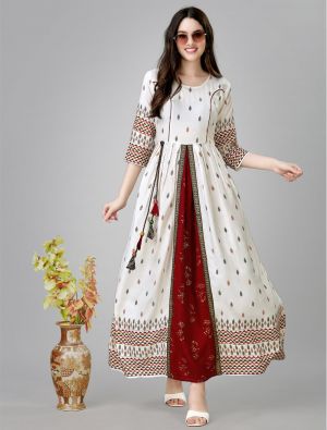 off white rayon printed anarkali kurta fabku21047