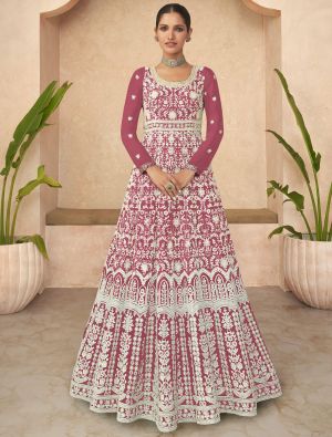 Old Rose Georgette Semi Stitched Embroidered Anarkali Suit small FABSL21674