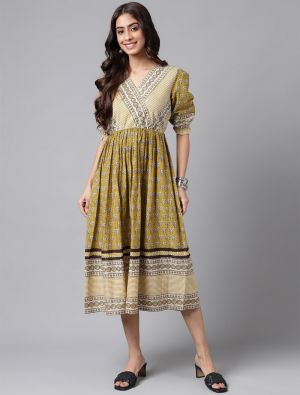 olive green cotton printed trendy frock fabku20879