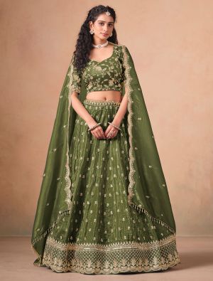 Olive Green Organza Embroidered Wedding Lehenga Choli small FABLE20499