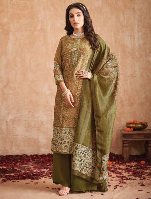 Olive Green Pure Tissue Shimmer Printed Salwar Kameez small FABSL22015