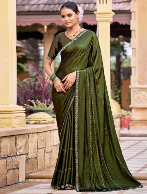 Olive Green Shimmer Chiffon Party Wear Saree