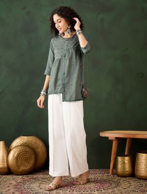 olive green viscose rayon embroidered top fabku21014