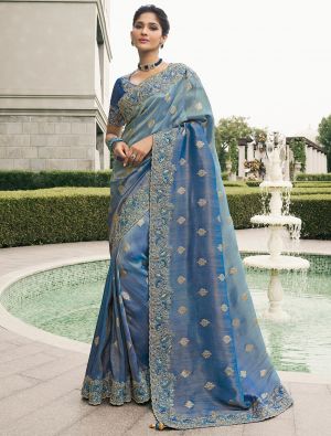 Ombre Blue Viscose Tissue Premium Designer Saree