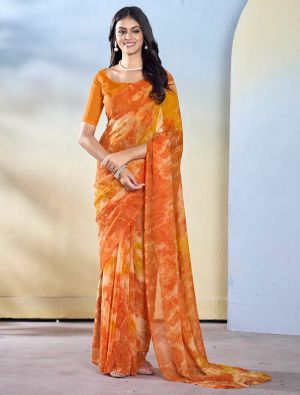 Orange Georgette Ready To Wear Saree With Unstitched Blouse