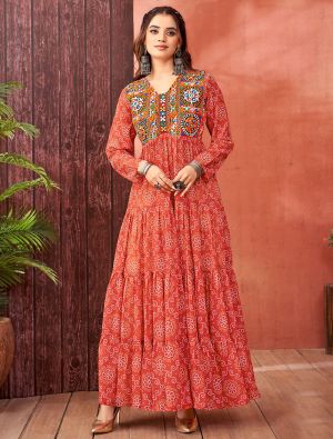 orange georgette stylish gown with kutch work fabgo20322