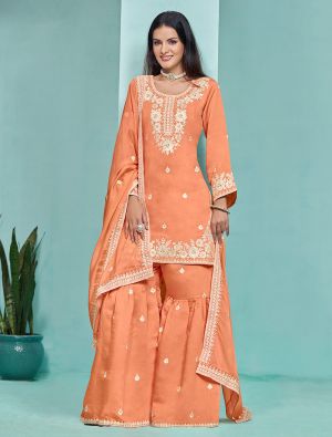 Orange Roman Silk Semi Stitched Sharara Suit small FABSL21983