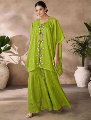 parrot green organza designer co ord set with hand work fabku21117