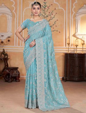 Pastel Blue Crunchy Crepe Embroidered Saree
