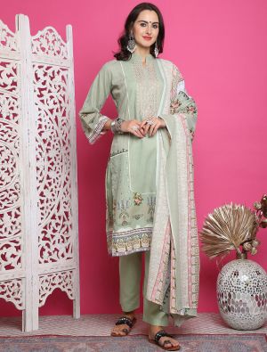 Pastel Green Cotton Salwar Kameez With Resham Thread Work small FABSL21910