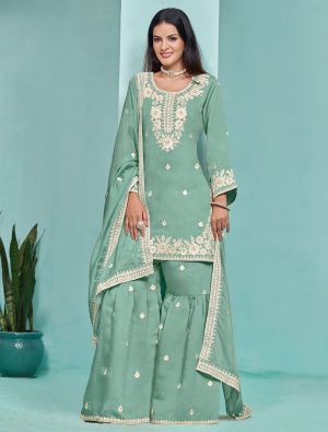 Pastel Green Roman Silk Semi Stitched Sharara Suit small FABSL21982