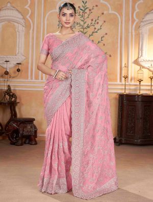 Pastel Pink Crunchy Crepe Embroidered Saree