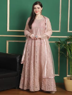 Pastel Pink Net Floor Length Suit With Cording Work small FABSL21798