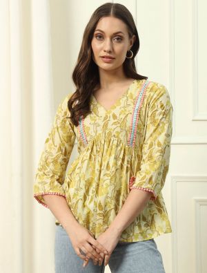 pastel yellow cotton trendy top fabku21059