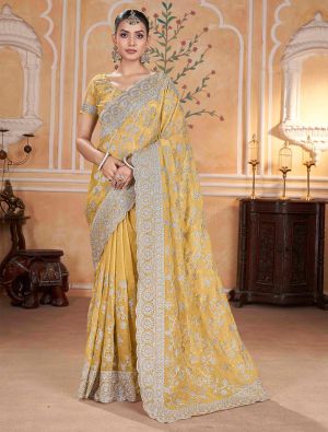 Pastel Yellow Crunchy Crepe Embroidered Saree