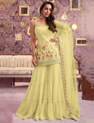 Pastel Yellow Georgette Semi Stitched Embroidered Sharara Suit small FABSL22004