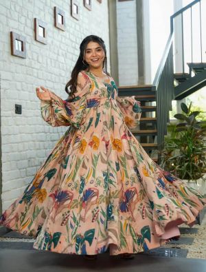 peach chinon digital printed flared gown   fabgo20312