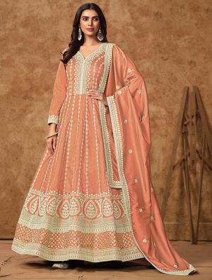 Peach Dola Silk Semi Stitched Elegant Anarkali Suit small FABSL22113