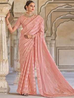 Peach Fancy Embroidered Saree With Moti Work