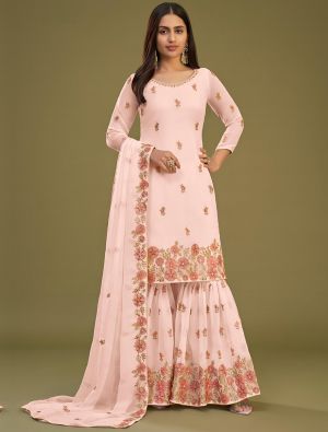 Peach Georgette Semi Stitched Embroidered Sharara Suit small FABSL21680