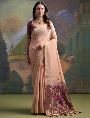 Peach Muga Cotton Saree With Zari Weaving