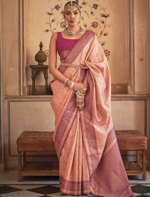 Peach Premium Banarasi Silk Saree With Traditional Zari Weaves
