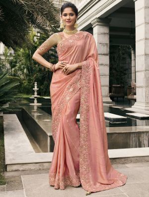 Peachy Pink Viscose Tissue Premium Designer Saree