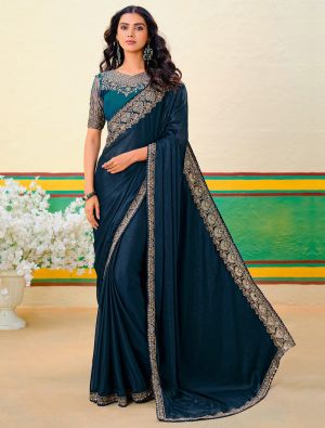 Peacock Blue Fancy Georgette Embroidered Saree With Zari Weaves