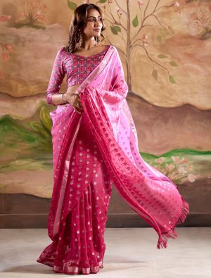 Pink Banarasi Georgette Saree With Zari Woven Motifs