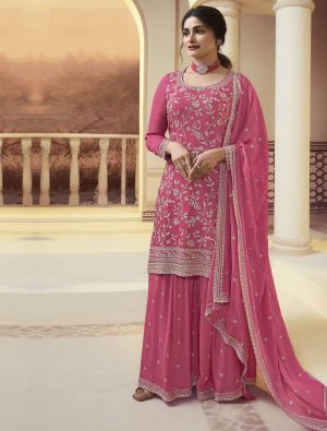 Pink Chinon Semi Stitched Embroidered Palazzo Suit small FABSL21801