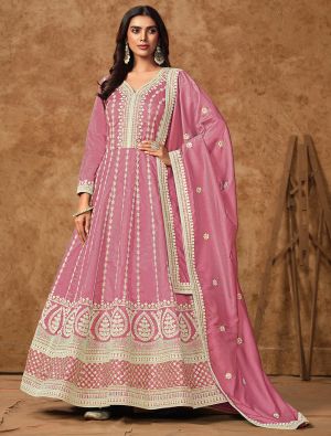 Pink Dola Silk Semi Stitched Elegant Anarkali Suit small FABSL22110