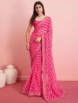 Pink Georgette Party Wear Saree With Leheriya Print
