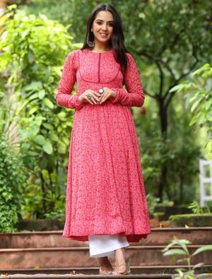 pink georgette printed anarkali kurta fabku21057