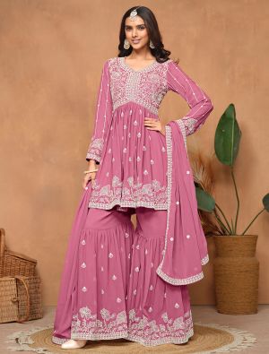 Pink Georgette Semi Stitched Embroidered Sharara Suit small FABSL21879