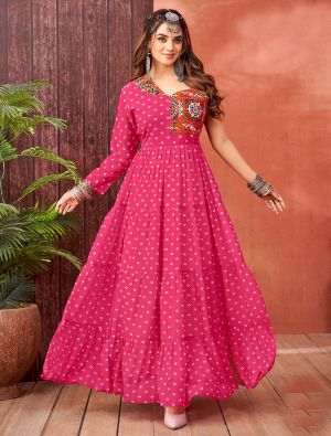 pink georgette stylish gown with kutch work fabgo20326