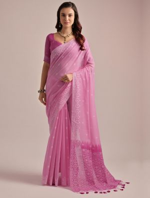 Pink Muga Cotton Saree With Jamdani Weaving