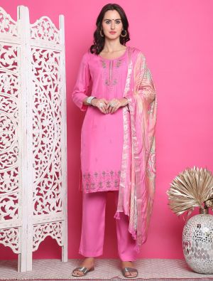 Pink Muslin Salwar Kameez With Resham Embroidery small FABSL21900