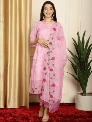 Pink Organza Embroidered Sequined Salwar Suit small FABSL21596