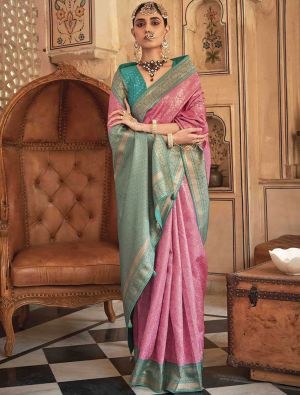 Pink Premium Banarasi Silk Saree With Traditional Zari Weaves