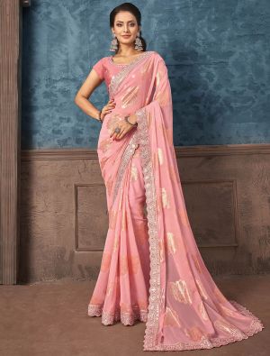 Pink Premium Georgette Saree With Woven Jacquard