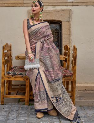 Pink Printed Silk Party Wear Saree With Woven Zari