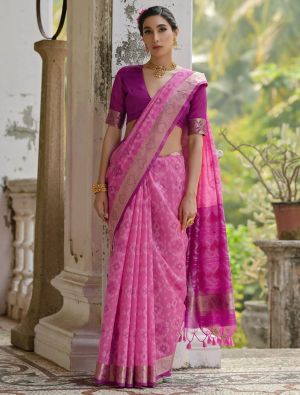 Pink Raw Silk Blend Saree With Ikat Weaving