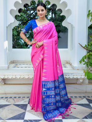 Pink Tussar Silk Saree With Silver And Copper Zari Weaves