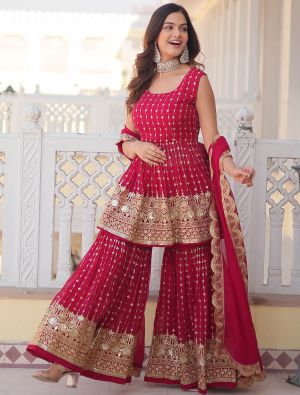 Pinkish Red Georgette Readymade Sharara Suit With Zari Work FABSL21790