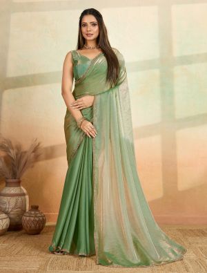 Pista Green Frendy Satin Saree With Bead Embroidery