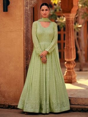 Pista Green Georgette Semi Stitched Designer Anarkali Suit small FABSL21837