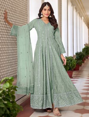 Pista Green Georgette Semi Stitched Front Slit Anarkali Suit small FABSL21695