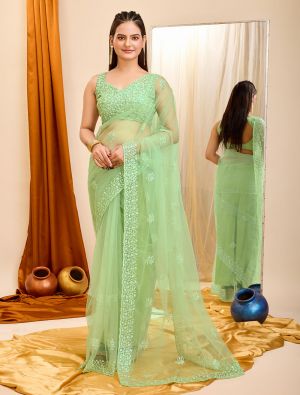 Pista Green Net Party Wear Saree With Sequins